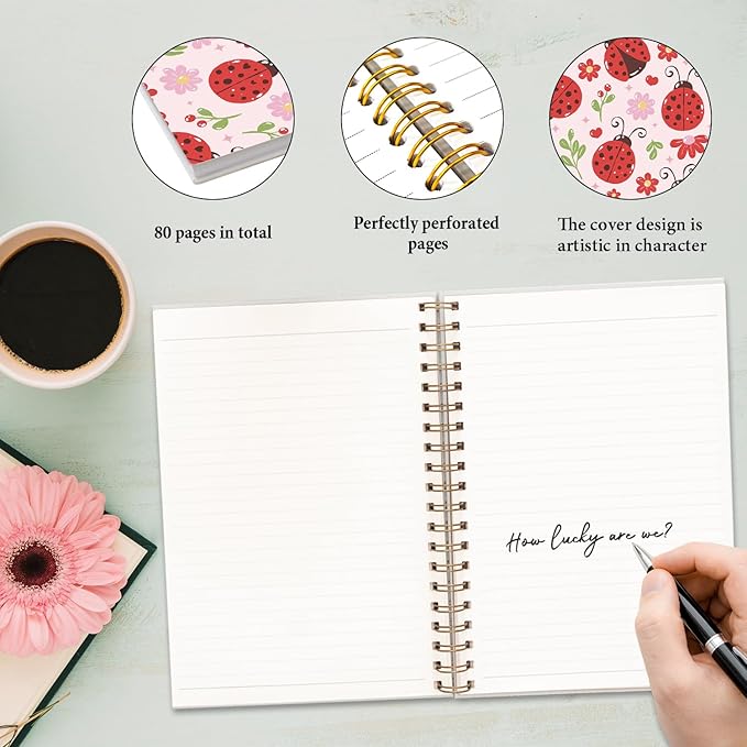 JXREQ Cute Pink Ladybug Floral Notebook Insects Journal for Women Note Taking Writing, Cute School Office Supplies, Preppy Aesthetic Spiral Notebooks 5.5x8.3