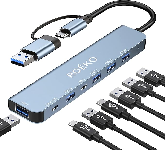 USB Hub 3.0,USB C hub,USB hub with USB C Multiport Adapter, USB Splitter with 1xUSB 3.0,4xUSB2.0,2 x USB C,USB c hub for MacBook Pro/PC/Laptop/Tablet Devices (Grey 7in1)