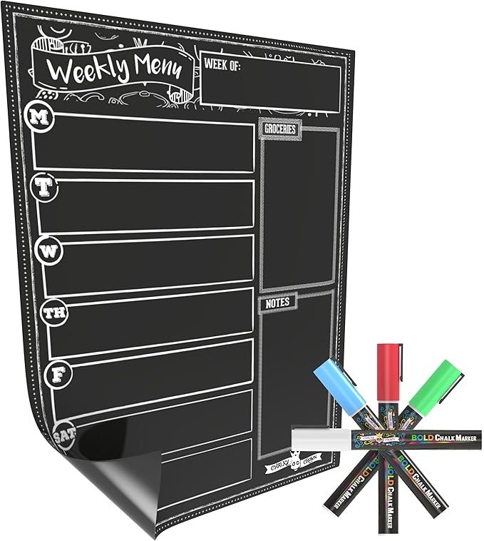 CHALKY CROWN Magnetic Dry Erase Menu Board for Fridge Includes 4 Liquid Chalk Markers - Weekly Meal Planner Blackboard, Grocery List & Notepad for Kitchen Refrigerator - Chalkboard Magnet