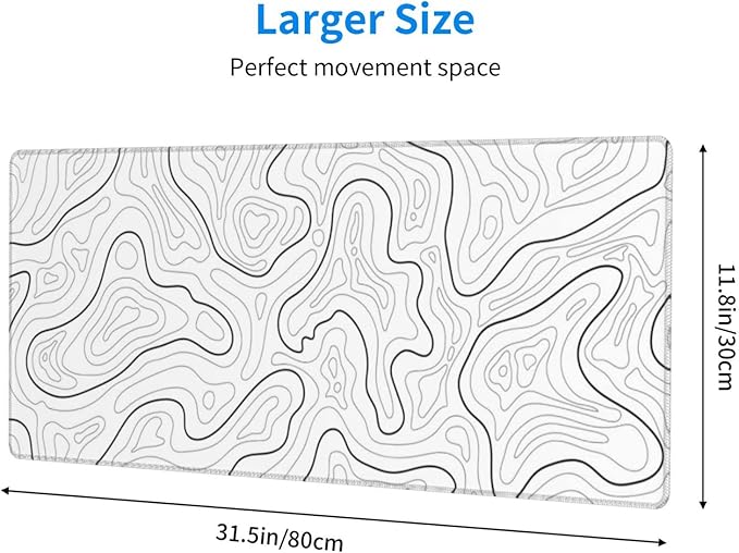 Abstract Topographic Map White Grey Black Gaming Mouse Pad Long Mouse Pad Large Desk Mat 31.5 X 11.8 Inch Mousepad with Non-Slip Base Stitched Edge Keyboard Mat for Gaming Office