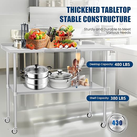 Stainless Steel Table 24 x 48 Inches with 4 Wheels，Metal Prep Table with Backsplash & Adjustable Undershelf for Commercial Kitchen, Outdoor, Restaurant, Hotel & Garage