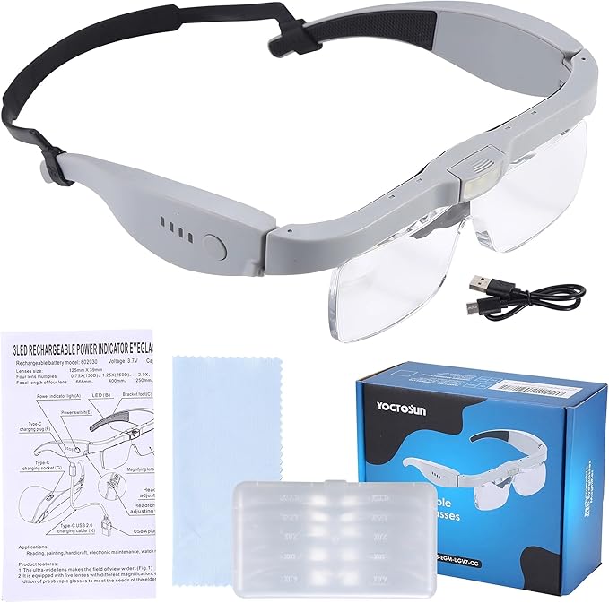 YOCTOSUN Magnifying Glasses with Light for Close Work, Head Magnifier Glasses with 3 LED Lights and 5 Detachable Lenses 0.75X,1.25X,2.0X, 3.0X and 4.0X, Eyeglasses Magnifier for Jewelry Crafts Hobby