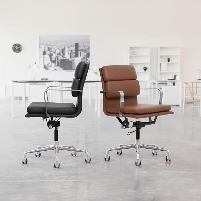Laura Davidson Furniture SOHO II Padded Management Office Chair - Mid Back Desk Chair with Arm Rest, Swivel & Cushion Availability, Made of Faux Leather, Grey, Computer Chair