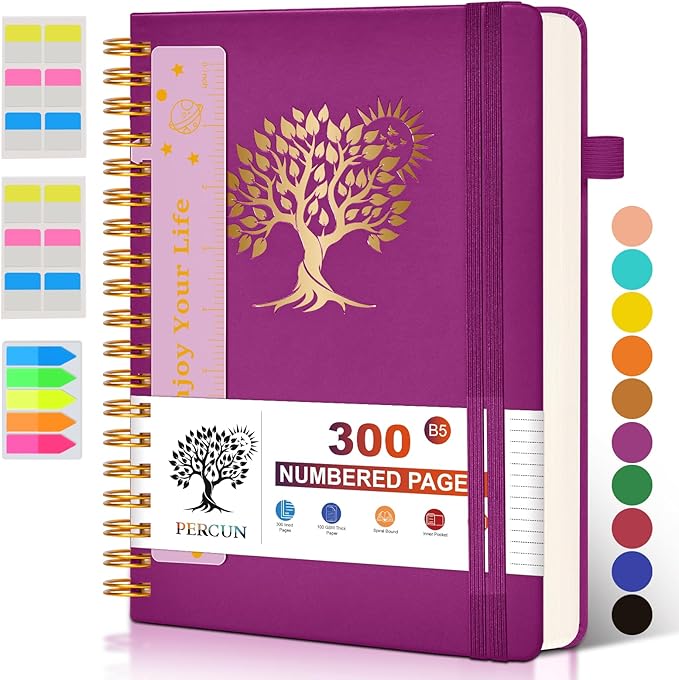 Large Spiral Notebook Journal for Women Men - 300 Numbered Lined Pages, College Ruled,B5 Hardcover Spiral Bound Notebook for School, Work, Note Taking, Writing, Leather Spiral Journal 7"x10"