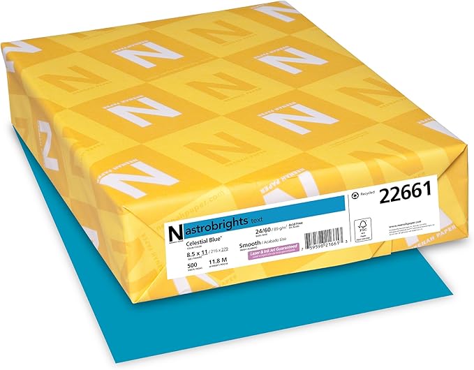 Neenah Astrobrights® Bright Color Paper, Letter Size Paper, 24 Lb, 30% Recycled, FSC Certified, Celestial Blue, Ream Of 500 Sheets