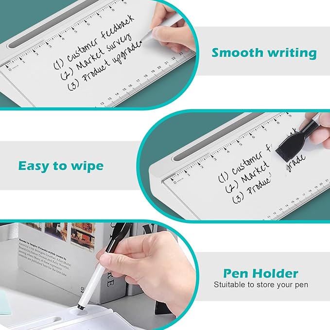 Desktop Glass Whiteboard with Mirror & Calculator(12 Digit LCD Display) & Ruler Marker,Tilted Computer Keyboard Stand with Dry Erase Board Surface, Desk Organizers with Accessories,White