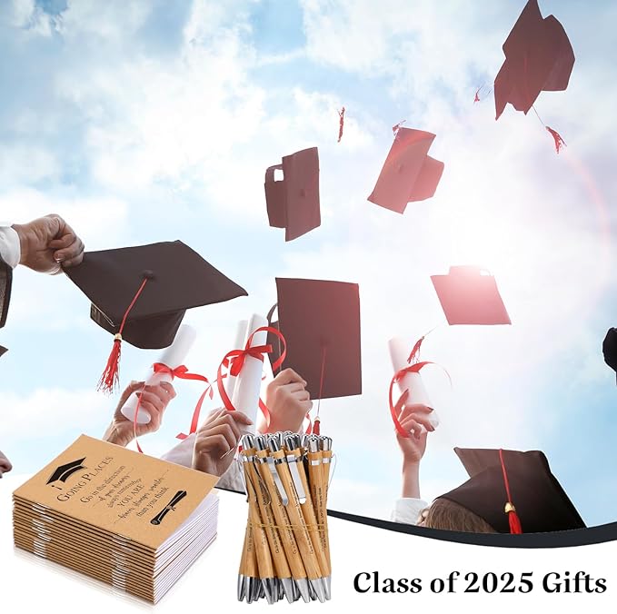 Kosiz 120 Pcs Graduation Gifts Motivational Mini Journal Inspirational Bamboo Pen Kraft Notebooks Bulk Wooden Retractable Ballpoint Pen for Class of 2025 College Gifts (Wooden)
