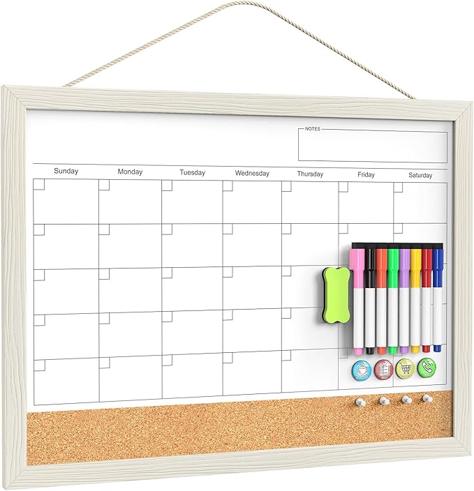 Calendar Whiteboard for Wall, 18x24 Inches Whiteboard Calendar Cork Board Combo, Magnetic White Board Monthly Calendar with Wood Framed, Hanging Dry Erase Board for Kitchen Home Office Planner