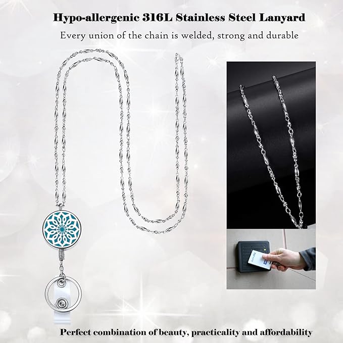 Retractable ID Badge Holder Retractable Lanyards for ID Badges Keys Women Teacher Lanyard Necklace Cute Nurse Badge Reel Diffuser Office Work Jewelry Silver Badge Lanyards for Women Flower