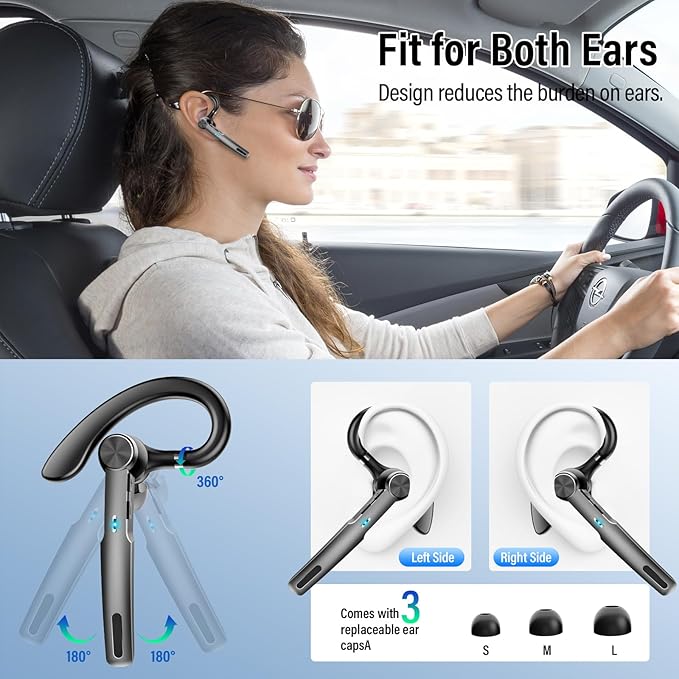 Bluetooth Headset, Wireless Headset with ENC Mic, 60H Talking Time Single-Ear Bluetooth Earpiece V5.3 with Large Charging Case, IP7 Waterproof Hand-Free Headphones for IOS Android Cellphones Black