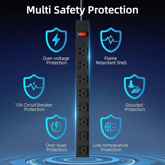 8 Outlets Heavy Duty Power Strip with 8 Ft UL 14AWG Power Cord Straight Plug and Switch,Wide Spaced Shop Power Strip Metal for Commercial,Industrial,School and Home,15A 125V 1875W,Black(8FT)