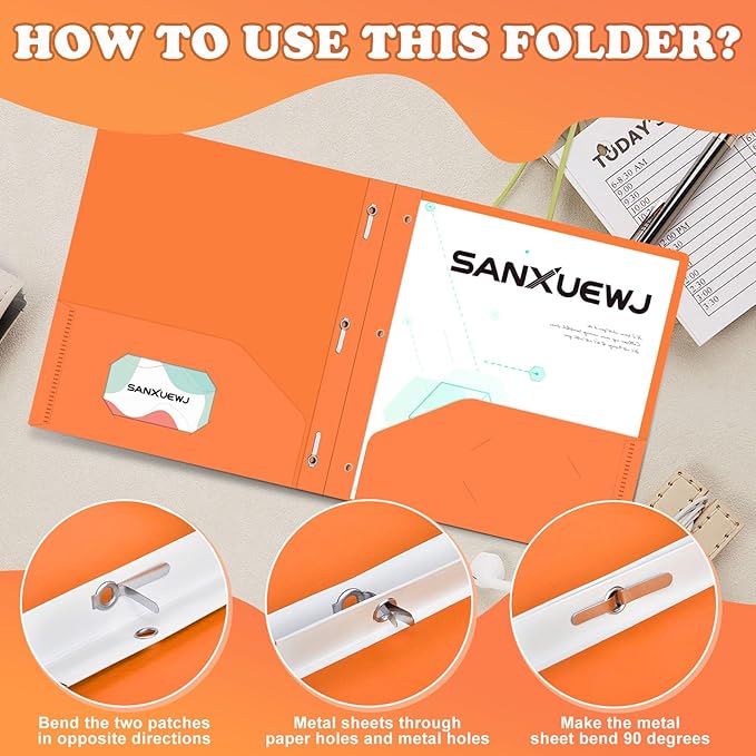 30 Pack Two Pocket Folders Business Card Holder Plastic Folders with Prongs for School Office Filing Cabinet Resume Portfolio (Orange)