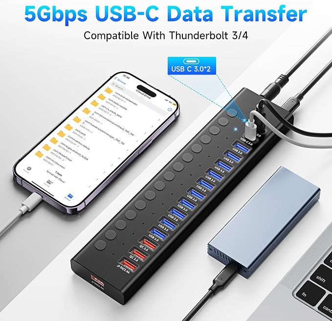 Powered USB 3.0 Hub, 16-Port USB C Hub Splitter (10 USB 3.0+2 QC 3.0+2 Smart Charging+2 USB-C 3.0) with Individual Switches, 12V 7.5A 90W UL Certified Power Adapter for Laptop, Mac, PC, Computer