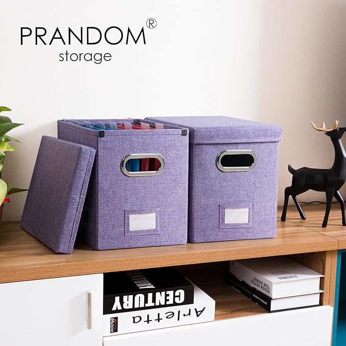 PRANDOM File Organizer Box - Set of 1 Collapsible Decorative Linen Filing Storage Hanging File Folders with Lids Office Cabinet Letter Size Purple (14x9.3x10.8 inch)