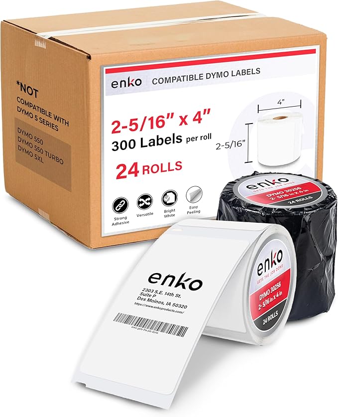 enKo (24 Rolls, 7,200 Labels) Address, Shipping & Barcode Labels 30256 (2-5/16 x 4") Compatible for Dymo LabelWriter