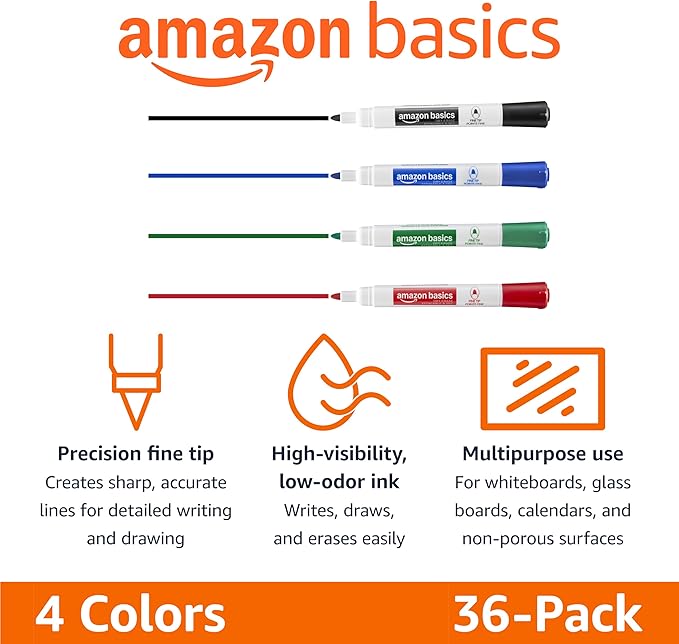 Amazon Basics Low-Odor Dry Erase Whiteboard Markers, Fine Tip, 4 Assorted Colors, 36 Count