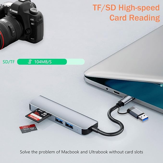VIENON 5 in 1 Aluminum USB-C Hub with Memory Card Reader and 3 USB 3.0 Ports, for PC, Laptops, MacBook Pro/Air, iMac Pro, Surface and Tablet