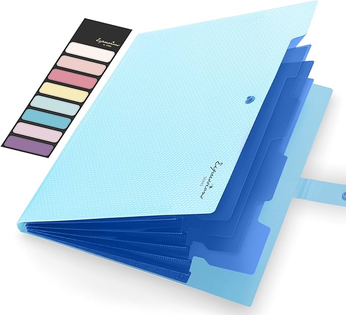 Sooez Expanding File Folder, Letter Size Accordion File Organizer, 5 Pocket Folders for Documents, Cute Folder with Labels, Portable Paper Organizer for School Office Supplies, A4 Size, Sky Blue