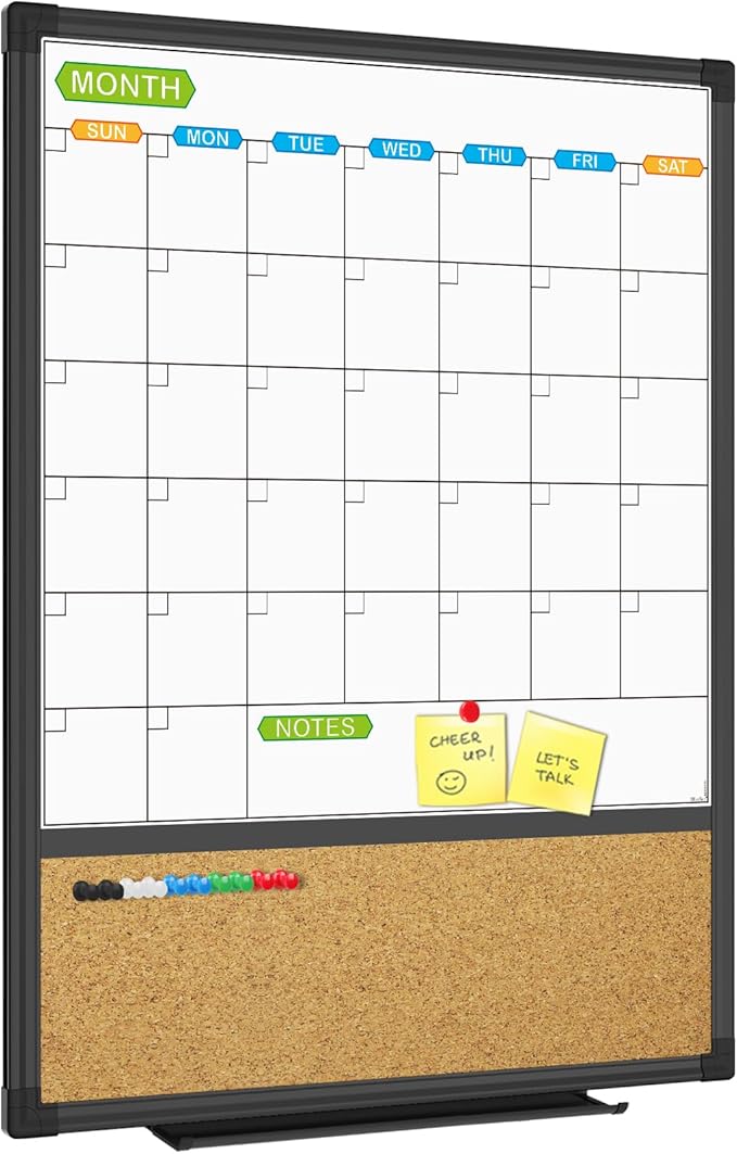 JILoffice Magnetic Calendar Whiteboard & Bulletin Corkboard Combination, Combo Board 20 x 28 Inch, Black Aluminum Frame Wall Mounted Board for Office Home and School with 10 Push Pins