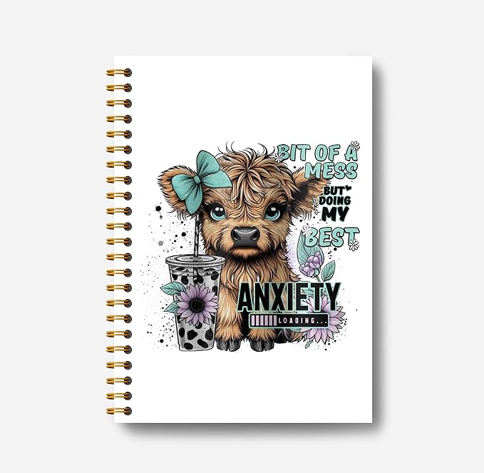 Bit of a Mess Anxiety Funny Highland Cow Notebook - Western Cow Notebook, Highland Cow Office Supplies, Highland Cow Gifts, Cow Lover Gifts, Cute Cow Stuff, Cow Spiral Notebook 5.5x8.3