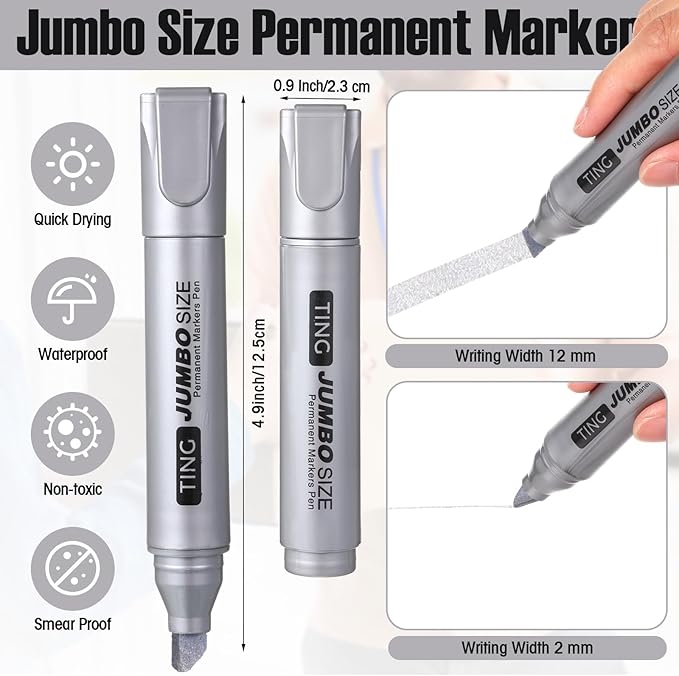 Fuutreo 10 Pack Jumbo Permanent Markers Bulk Large Chisel Tip Permanent Markers Quick Drying Waterproof Big Huge Poster Pens for Office, Logistics Company and More(Silver)