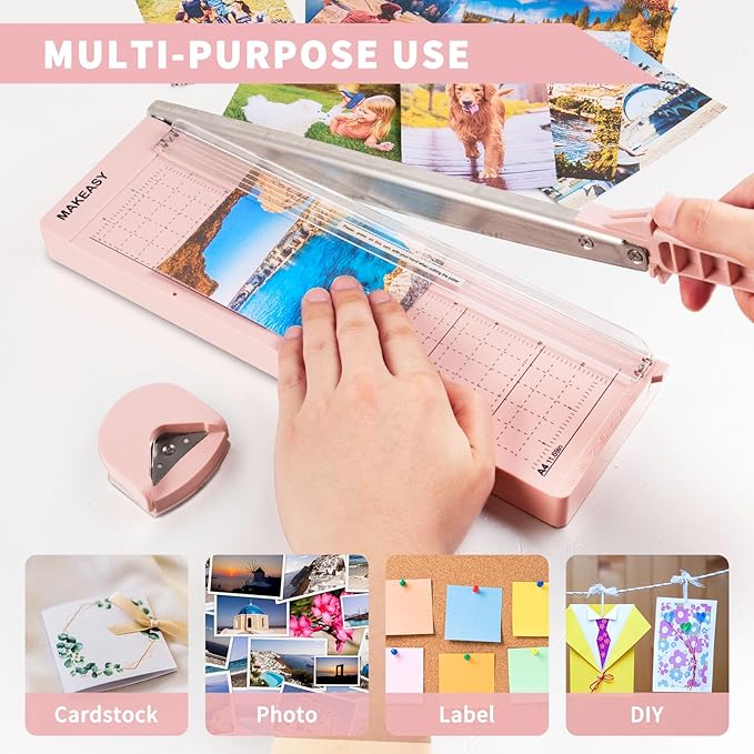 MAKEASY Paper Cutter 12 Inch, Guillotine Paper Cutter with 8 Sheet Capacity, Heavy Duty Paper Cutter for Cardstock, Paper Trimmer for Crafting, Classroom and Office, Pink