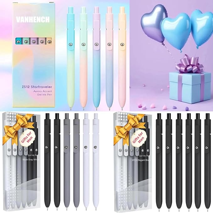Vanhench 7Pcs 0.5mm Black Ink Pens Fine Point Smooth Writing Gel Pens Quick Dry with Soft Silicone Touch Barrel & Fidget Stress Ball, Multifunction Writing Office Desk Nurse School Supplies