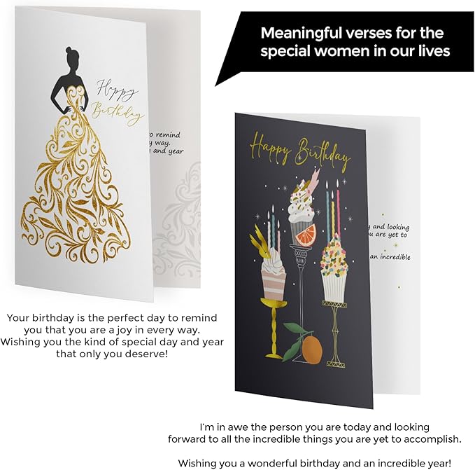 Dessie 30 Unique Gold Foil Birthday Cards for Women with Envelopes, Sealing Stickers and Personalized Gold Foil Lettering. Birthday Cards for Her