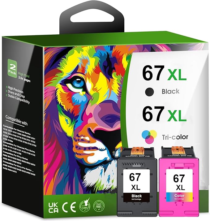 Printer Ink 67XL 67 2755e 4155e Ink Cartridges for HP Ink 67 Ink Cartridges Black/Color Combo Pack for Envy 6400 6000 6055e Pro 6455e for DeskJet 2700 2755 2725 2755e 2752 2855e 4255e 4155e Plus 4100