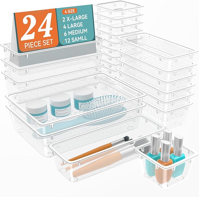 24-Piece Drawer Organizer Set, 4 Sizes Clear Plastic Makeup Vanity Organizer, Minimalist Style, Transparent