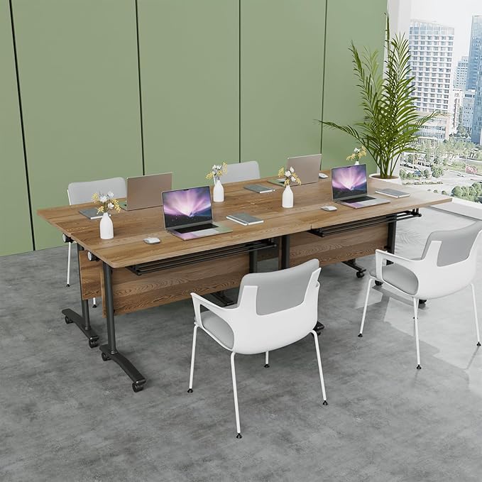Folding Conference Table, Modern Conference Room Tables with Flip-Top Design, Foldable Conference Table Meeting Table with Wheels, Mobile Seminar Training Tables for Office Classroom (4, Walnut 2)