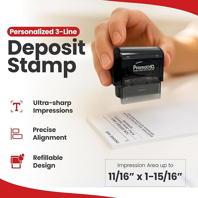 Promot Pre-Inked Custom Deposit Stamp - Personalized Text, Refillable Custom Stamp with Built-in Ink Reservoir, Easy 3-Step Re-Inking, Customized Rubber Stamp for Bank and Businesses (3-Lines)