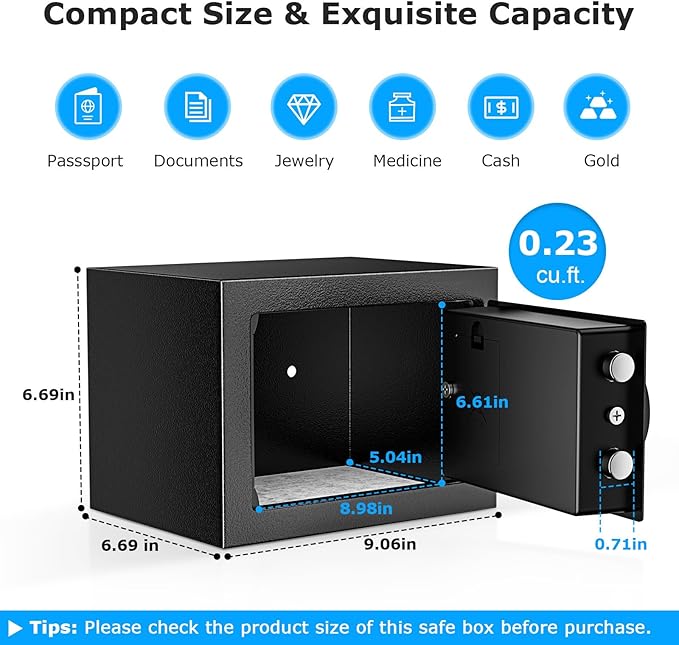 Bonsaii Safe Box with Electronic Keypad, Steel Security Lock Box with Key, 0.23 Cubic Feet, 9.06" W x 6.69" D x 6.69" H, Small Hidden Safe for Cash Jewelry