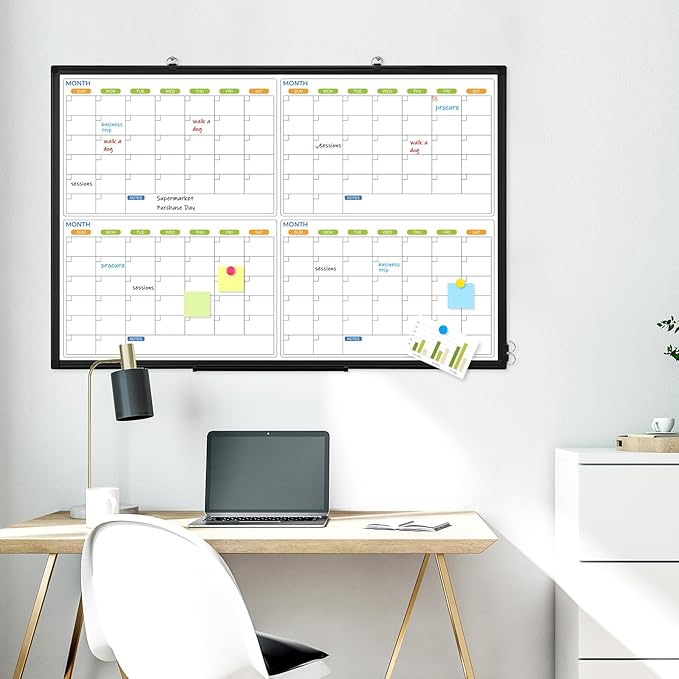 36" x 24" Magnetic Dry Erase Calendar Whiteboard, 4 Month Calendar White Board Planner, Black Aluminum Frame Wall Mounted Board for Office Home and School