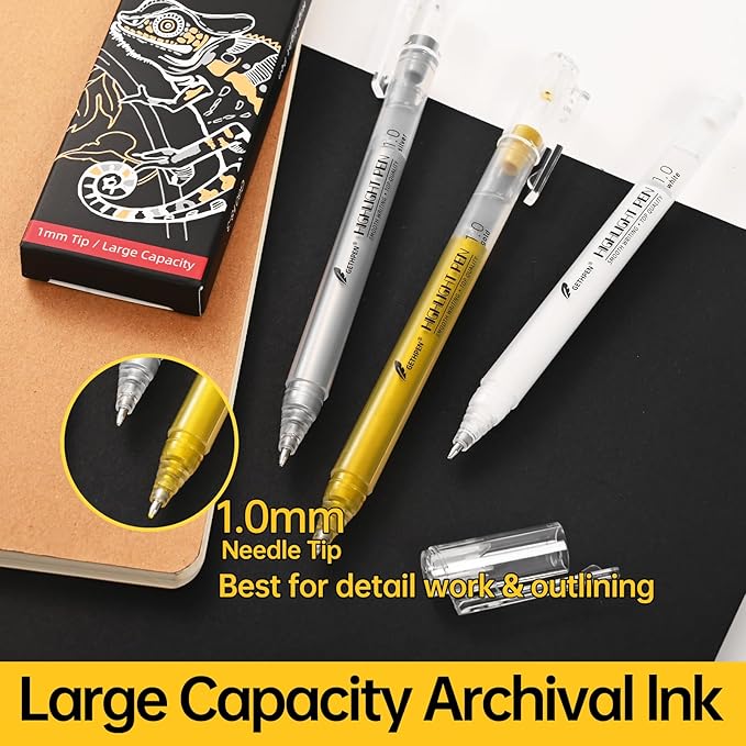 3 Colors Gel Pen Set - White,Gold and Silver Gel Ink Pens for Artists, White Gel Pen, White Ink Pen, White Pens for Black Paper, White Drawing Pens,White Pen for Artists Drawing
