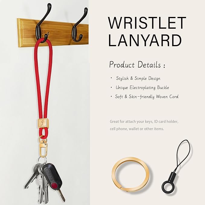 Fishent Keychain Wristlet lanyard, Cute Key Chain Holder, Upgraded Woven Wrist Lanyard for Keys, Wristlet Strap Keychain for Women Men Car Keys ID Badges Card Wallet Phone (Red)