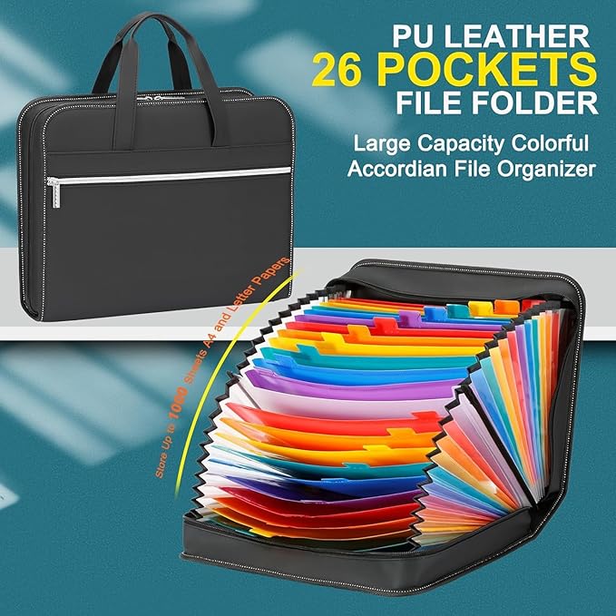 SEEKIND PU Leather Accordian File Organizer 26 Pockets, Expanding File Folder with Handle&Carrying Strap, Document Organizer File Holder for Letter Size / A4 File, for Office, School-Black