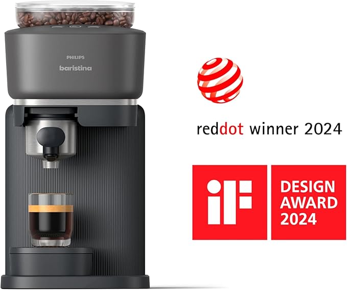 Philips Baristina Espresso Machine+Milk Frother Bundle. Real espresso. Compact coffee machine, portafilter, grinder, Cafe Crema. Dairy & Non-Dairy Milk foam. Hot & Cold. Easy Clean. Black (BAR303/60)