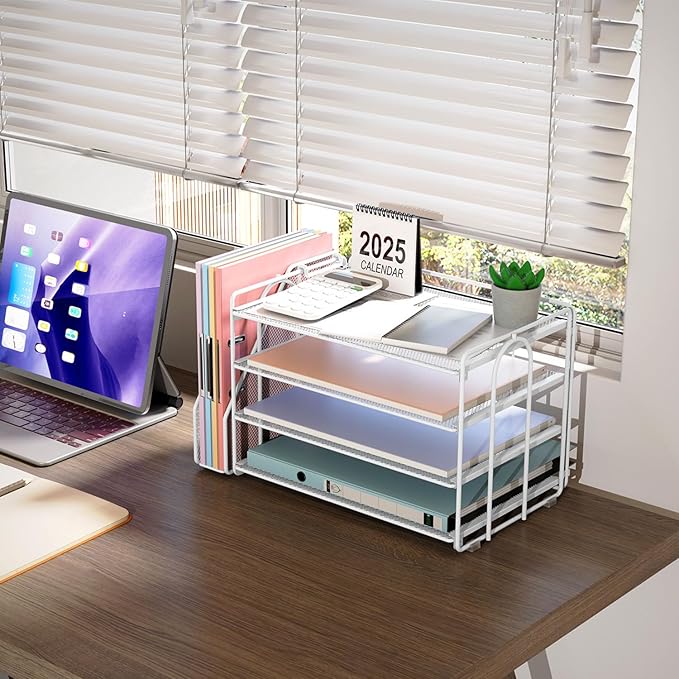 gianotter 4-Tier Paper Organizer With Magazine Holder, Desk Organizers and Accessories, White Desk Accessories, File Organizer for Office Supplies Storag(White)