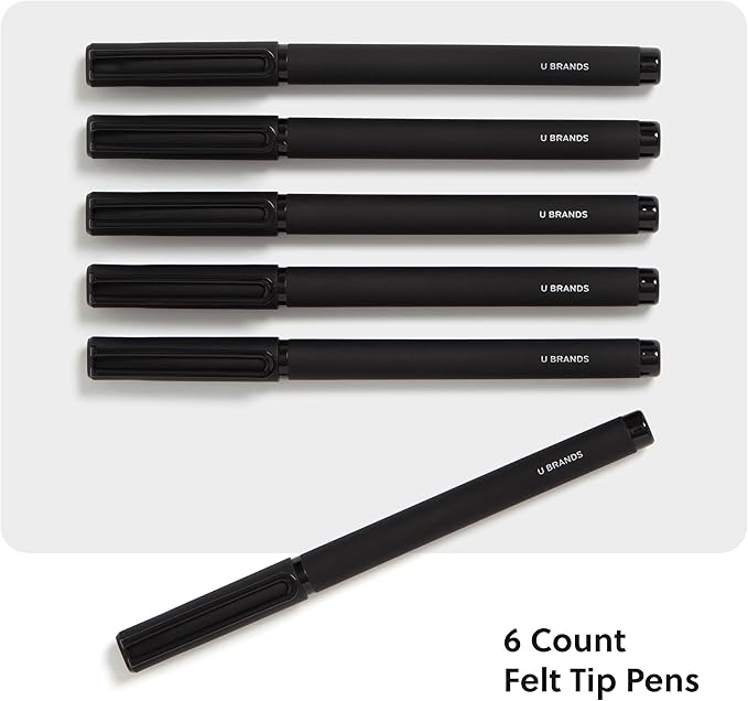 U Brands Catalina Felt Tip Pens, Set of 6, Midnight Black, Painted Metal Hardware, Medium (0.7 mm) Point, Black Ink