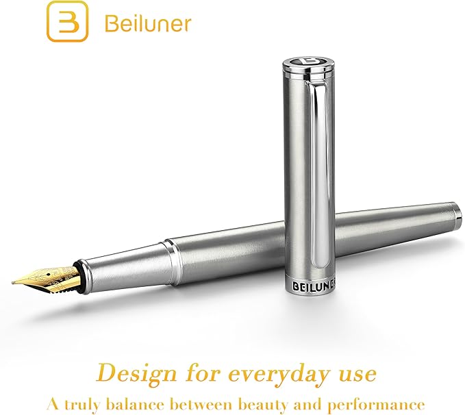 BEILUNER Luxury Fountain Pen Set, Solid 24K Gilded Medium Nib, Silver Stainless Steel Body- Includes 6 Ink Cartridges & Ink Refill Converter with Gift Case - Nice pen for Men and Women