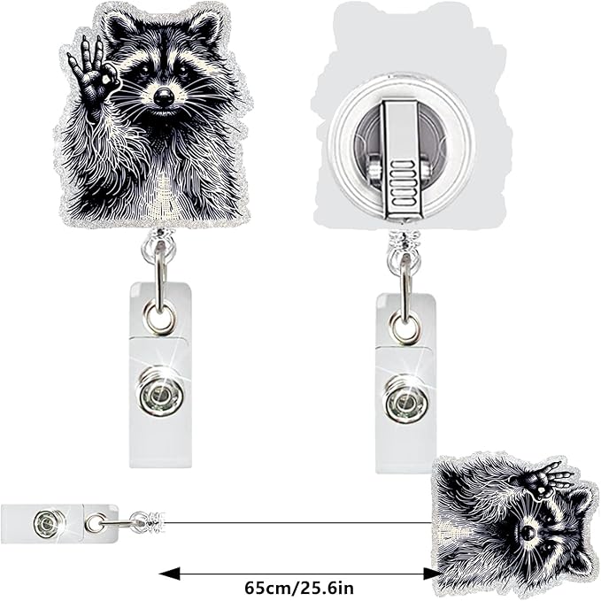 Raccoon ID Badge Reel Holder Retractable Medical Badge Reels Designs Cute and Funny Racoon OK Gesture Shirt Badge Clip Holders for Teacher Doctor Office Retractable Nursing Social Worker Accessories