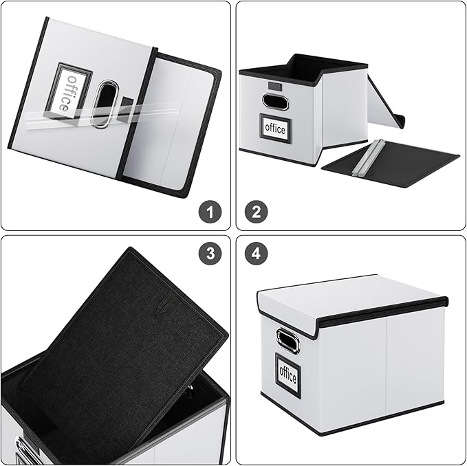 Huolewa Portable Leather File Organizer Boxes with Lids, Office Document Boxes Organizer, Filing Boxes, Decorative Small File Boxes for Hanging Files, File Cabinet for Office/Home - 4 Pack