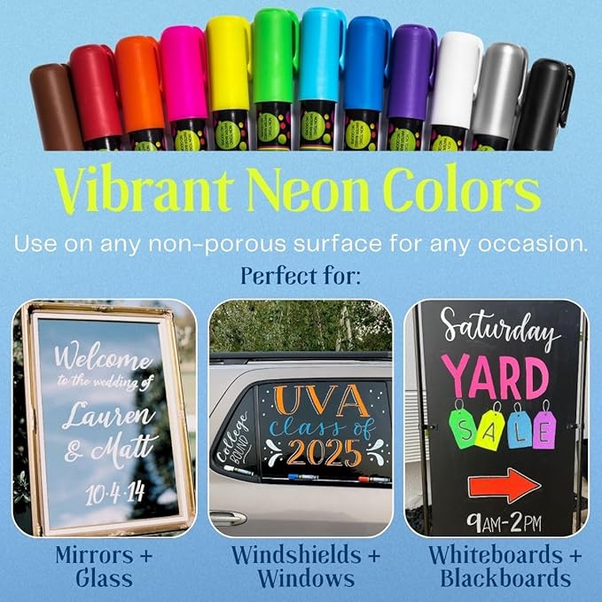Liquid Chalk Markers Neon 12 Pack. Bold Wet & Dry Erase Marker Pens. Erasable and Washable Chalkboard Markers for Windows, Mirrors, Glass, Whiteboards. Reversible Thick and Fine Tip.