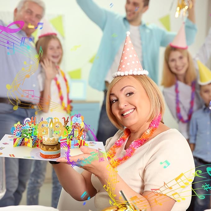 Gumry 69TH Musical Birthday PopUp Card, Blowable Colorful Light Candle 3D Cards with Song, Applause Cheers Sound, Greeting Cards Birthday Gifts Decorations for Women Men Turning 69 Years Old
