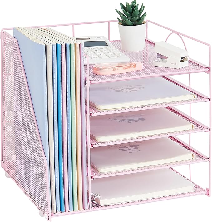 Desk Organizers and Accessories, 5-Tier Paper Letter Tray Organizer with File Holder, Pink Office Decor (Pink)