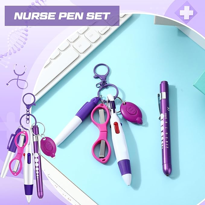 6 Pcs Nurse Pen Set Include Permanent Marker Pen Retractable Ballpoint Pen Keychain Clip Foldable Scissors Lights LED Flashlight Keychain for Nurse Accessories(Purple)