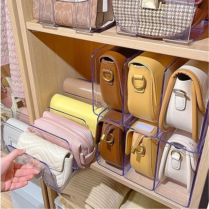 YAGELI Clear Acrylic Purse/Handbag Organizer - 3 Sections Divider for Closet Storage - Sturdy Organizer Rack for Purses, Handbags, and Clutches(2Pack-3Sections)