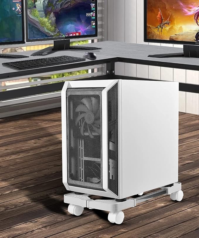 Computer Tower Stand, Adjustable Mobile CPU Stand with Rolling Caster Wheels, Premium PC Tower Stand Holder for Floor Carpet Gaming PC Case(White)