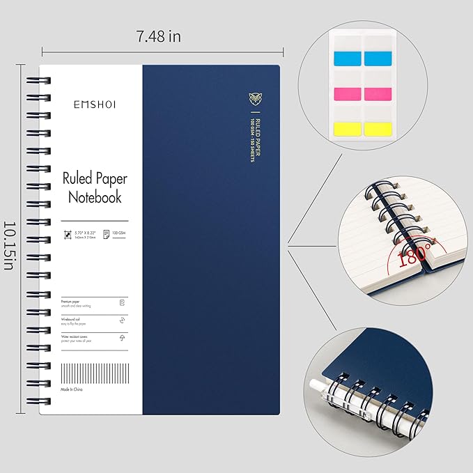 EMSHOI B5 Spiral Notebook College Ruled Lined Journal, Large 7.48" X 10.15", 300 Pages/150 Sheets, 100gsm Thick Paper, Waterproof Hardcover, for Office School Women Men Work Writing Notes, Blue
